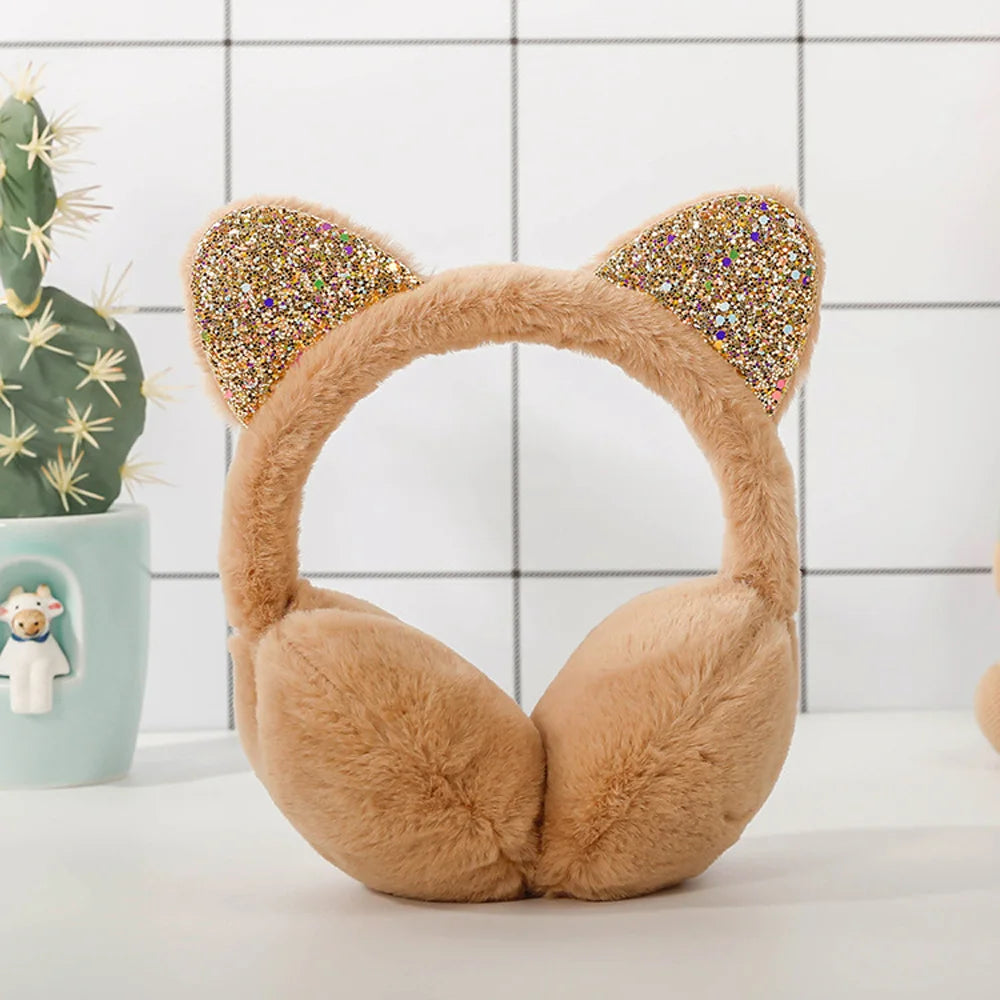 Whimsical winter vibes in 6 adorable colors in cute cat ear plush earmuffs for kids with shiny sequin headband
