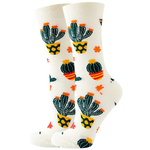 Women's or girl's middle tube cotton socks with animal and plant patterns, a colorful collection