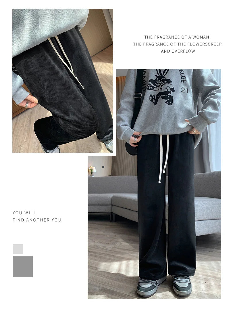 Women's Long Fleece-Lined Pants for autumn and winter. Featuring a flattering high waist and wide-leg silhouette, these pants offer both warmth and timeless elegance