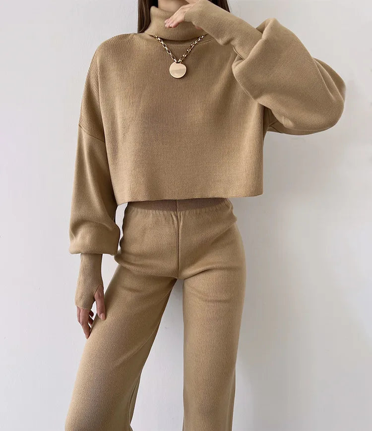 Women's comfortable knitted set with long sleeve top and wide leg pants for a fashionable casual look