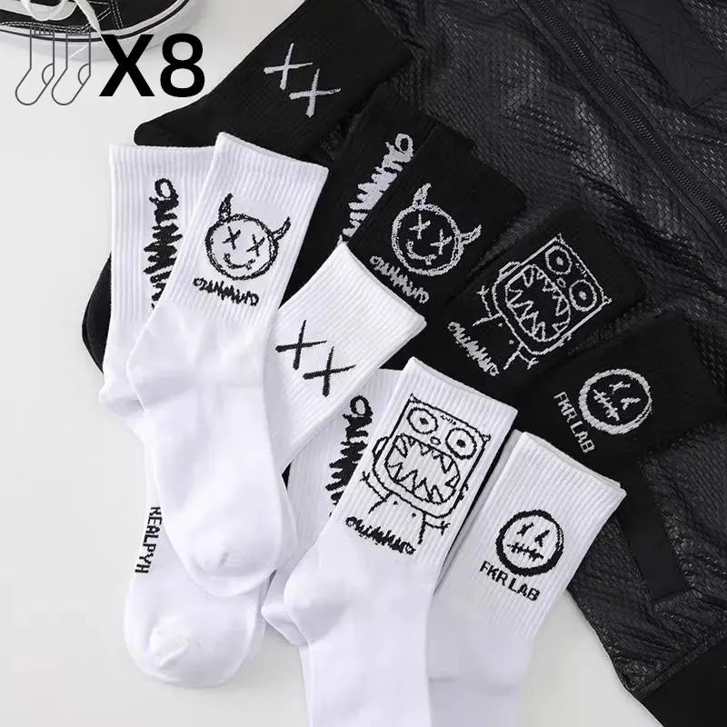 8 pairs/ sets socks men's Black And White Socks with cartoon long tube Comfortable Breathable CHRLEISURE