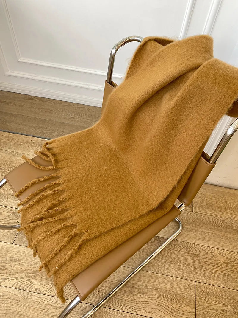 Écharpe pashmina longue à pampilles de couleur unie, châle épais et chaud pour femmes