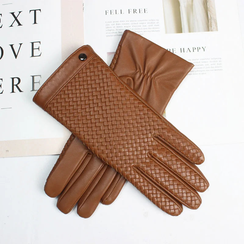 New women's sheepskin gloves with touch screen ability woven warmth and high-end knitted lining for luxe driving style