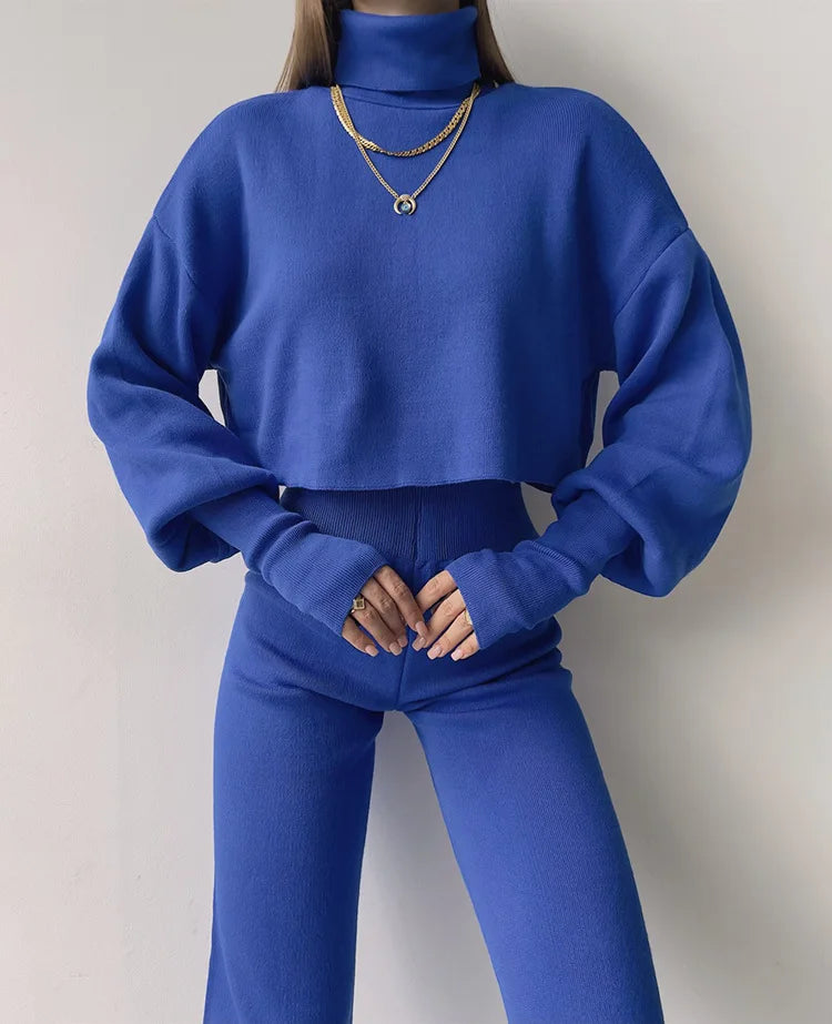 Women's comfortable knitted set with long sleeve top and wide leg pants for a fashionable casual look