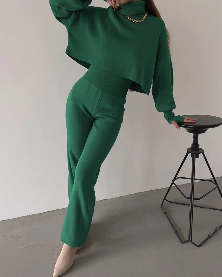 Women's comfortable knitted set with long sleeve top and wide leg pants for a fashionable casual look