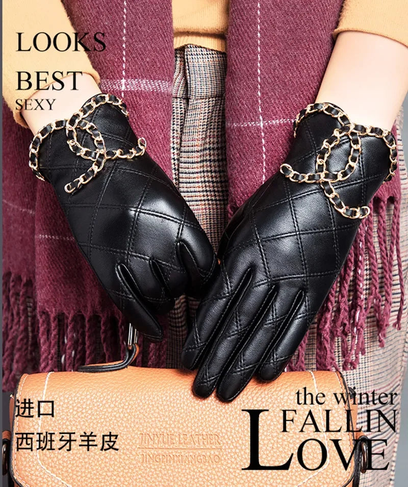 Womens Genuine Sheepskin Leather Gloves, Punk Cycling Outdoor Touch Screen Full Finger Gloves