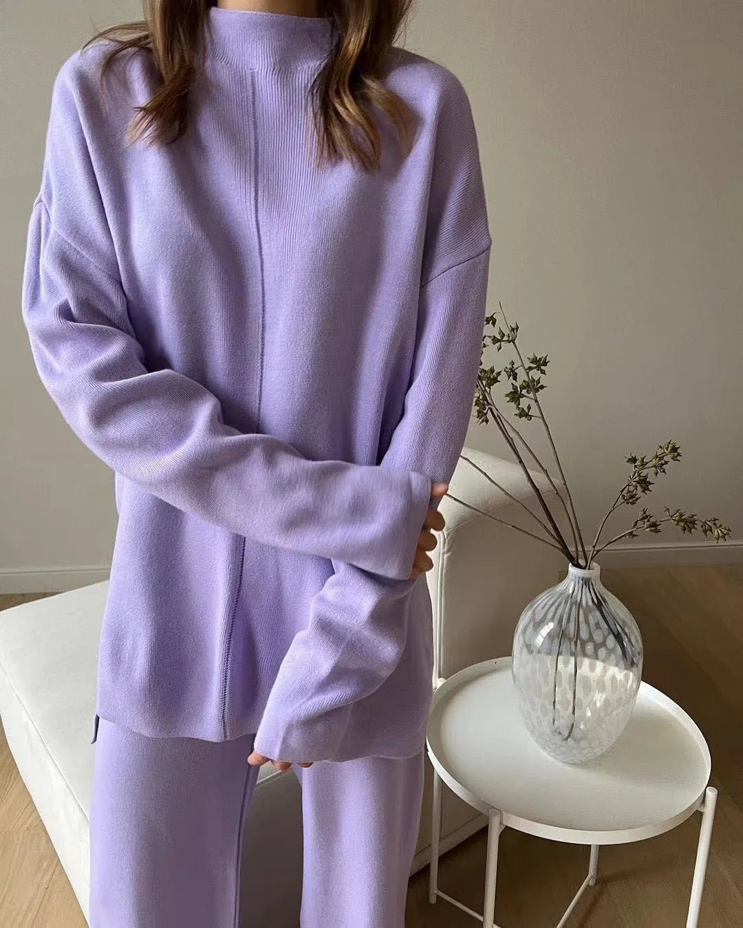Knitted 2 piece turtleneck sweater wide leg pants sleepwear set women loungewear indoors cozy outfit