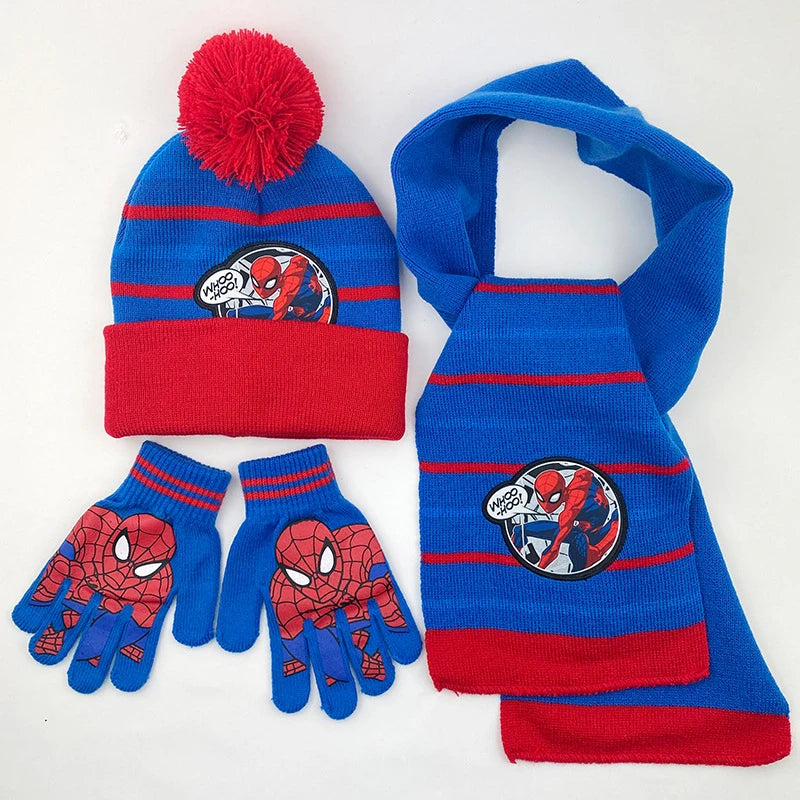 3 Pieces Disney Superhero Spiderman cartoon Autumn Winter Children Warm Knitted Hat+Scarf+Gloves Boy Scarf Accessories Kid
