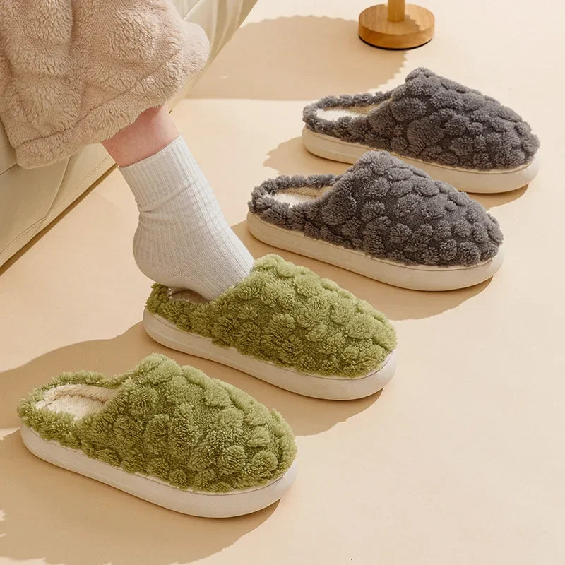 New plush slippers for couples warm home elegance for couples, featuring thickened anti-slip bottoms, baotou design, and luxurious cotton comfort