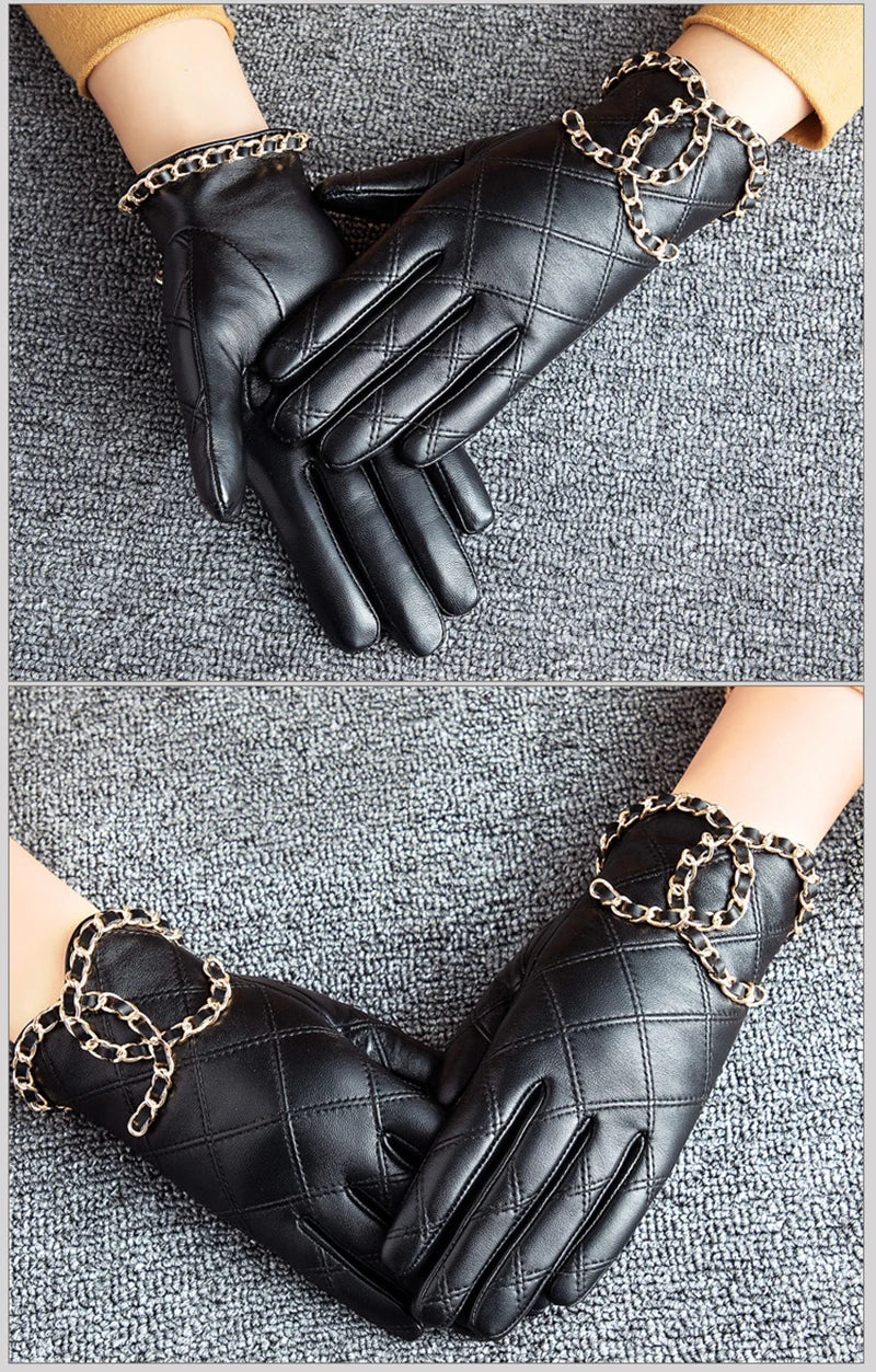 Womens Genuine Sheepskin Leather Gloves, Punk Cycling Outdoor Touch Screen Full Finger Gloves