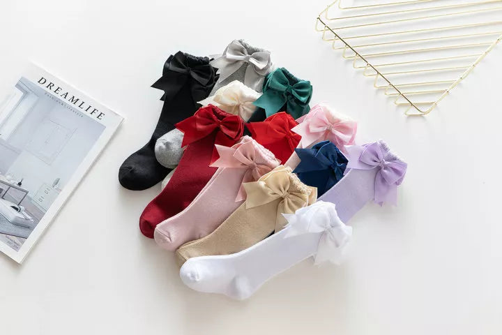 Warm & cute winter autumn kids knee high socks with big bow for 0-5 years