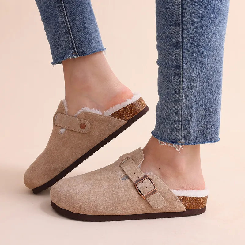Winter com warm fur clogs for women luxurious cork mules and fuzzy slippers with short plush, perfect indoor-outdoor warmth and style