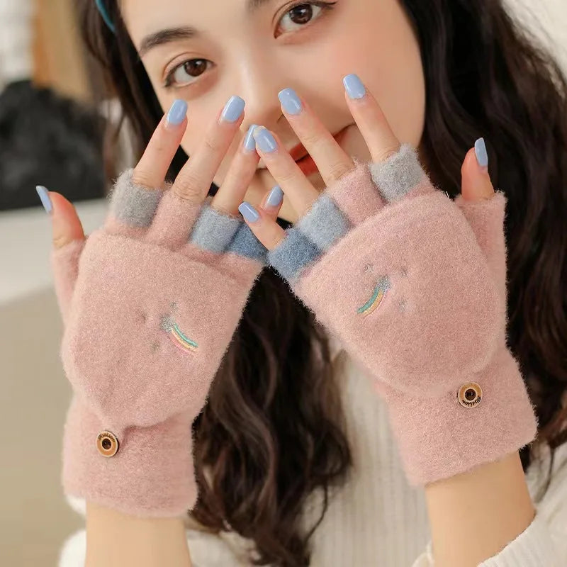 Thick warm flip fingerless gloves for girls for a winter fashion statement
