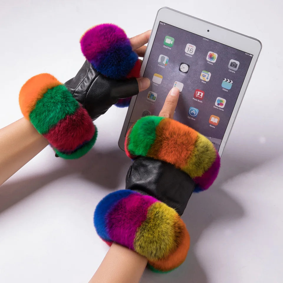 chic winter elegance: women's genuine leather rex rabbit fur fingerless driving gloves - plaid sheepskin mittens