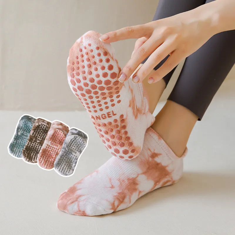 Women's trendy cotton tie-dyed yoga socks with silicone non-slip grip for stylish pilates yoga appearances low-ankle comfort