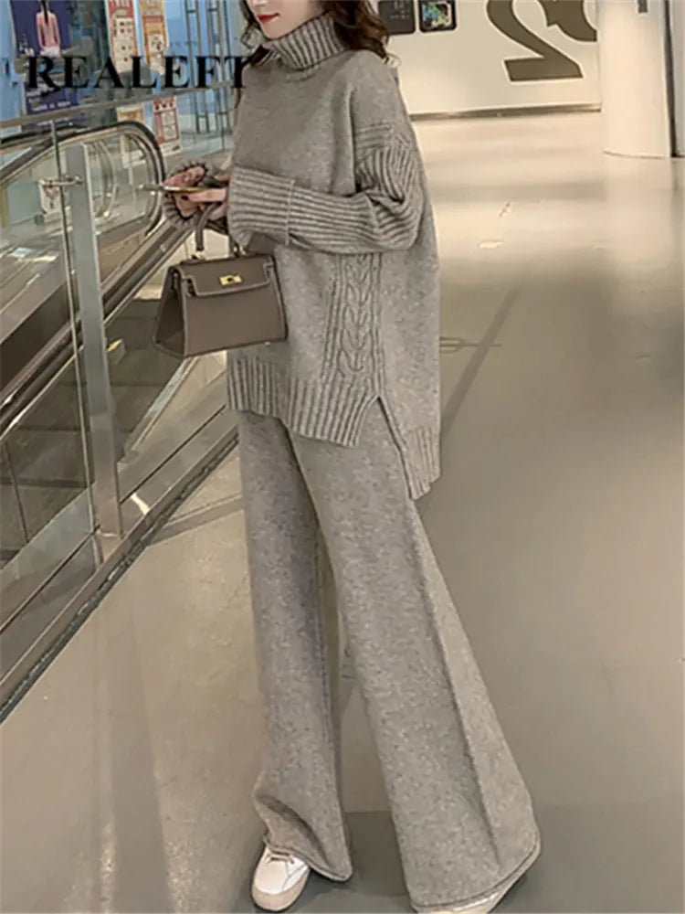New knitted tracksuit - turtleneck sweater and wide leg jogging pant pullover set for autumn winter