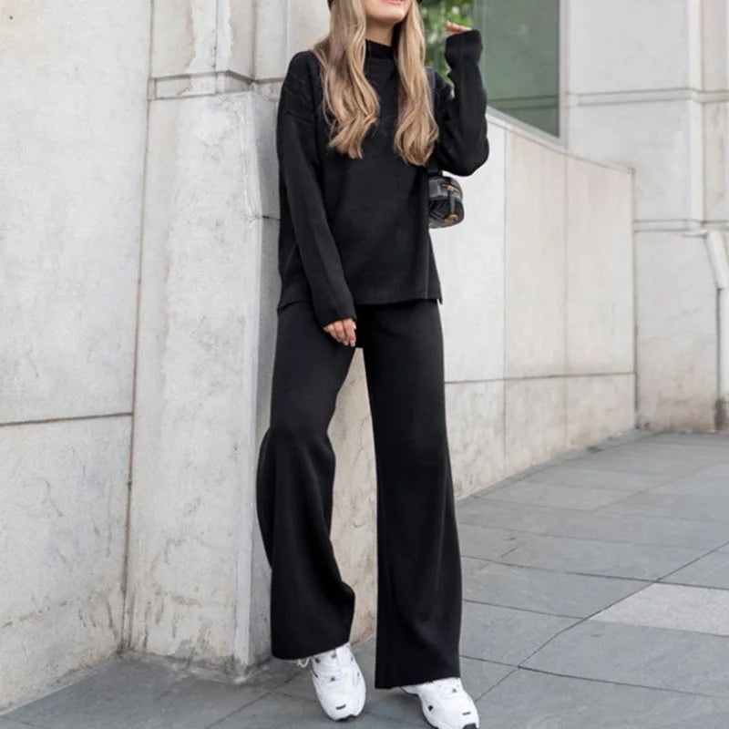 Knitted 2 piece turtleneck sweater wide leg pants sleepwear set women loungewear indoors cozy outfit