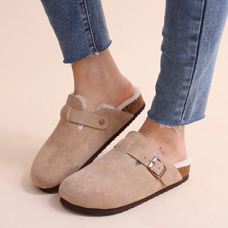 Winter com warm fur clogs for women luxurious cork mules and fuzzy slippers with short plush, perfect indoor-outdoor warmth and style
