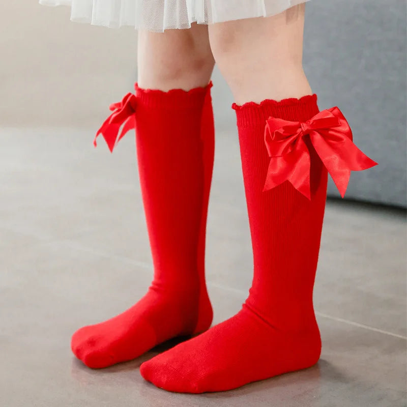 Warm & cute winter autumn kids knee high socks with big bow for 0-5 years
