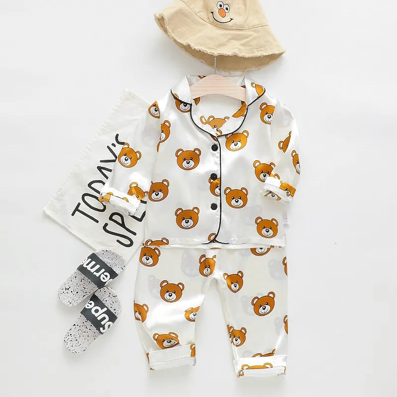 Toddler baby kids silk satin pajamas pyjamas set sleepwear suit boys girls sleep two piece set autumn kids loungewear