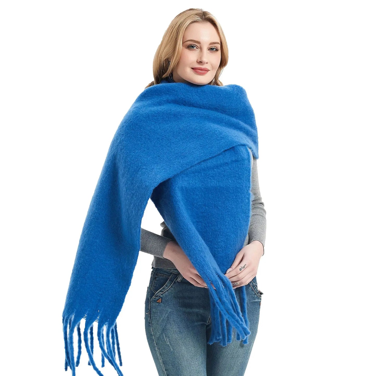 Écharpe pashmina longue à pampilles de couleur unie, châle épais et chaud pour femmes