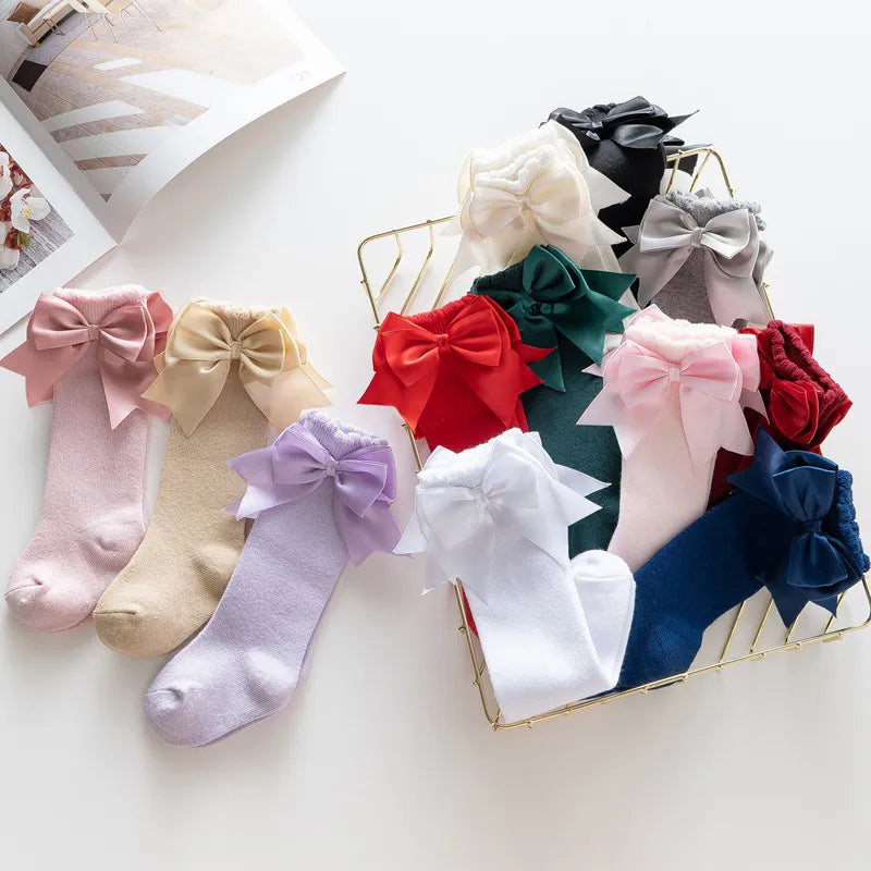 Warm & cute winter autumn kids knee high socks with big bow for 0-5 years