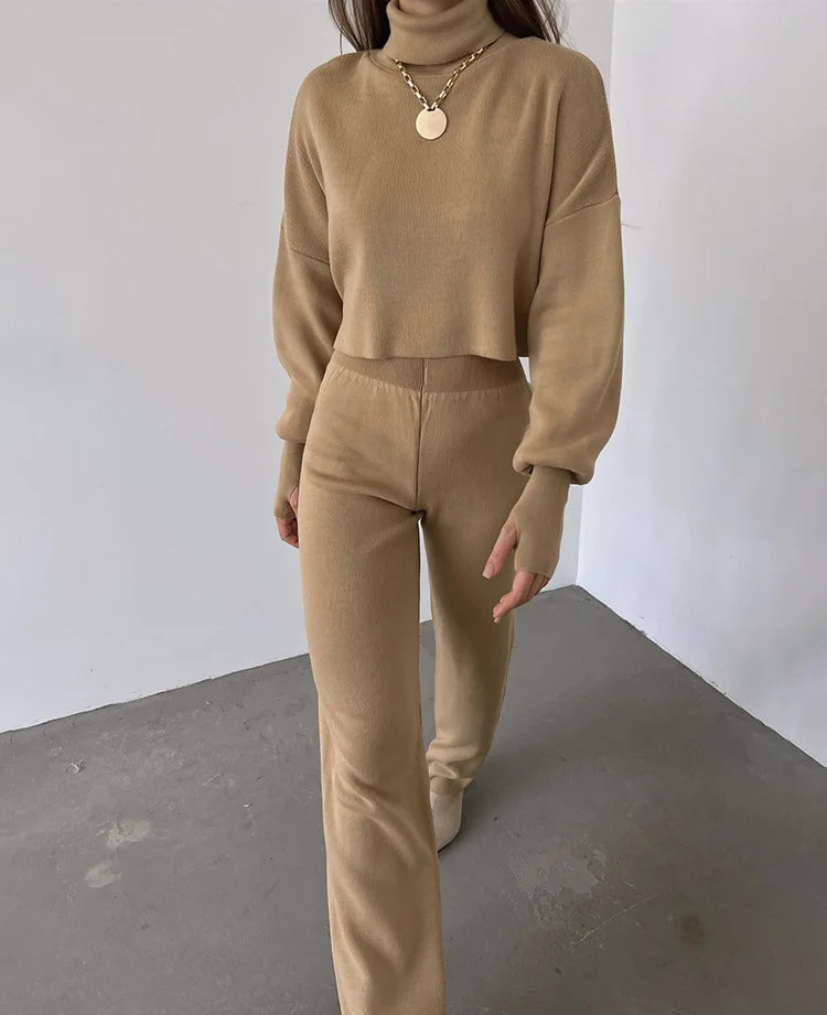 Women's comfortable knitted set with long sleeve top and wide leg pants for a fashionable casual look