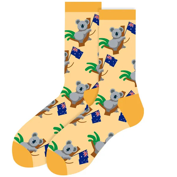 Women's or girl's middle tube cotton socks with animal and plant patterns, a colorful collection