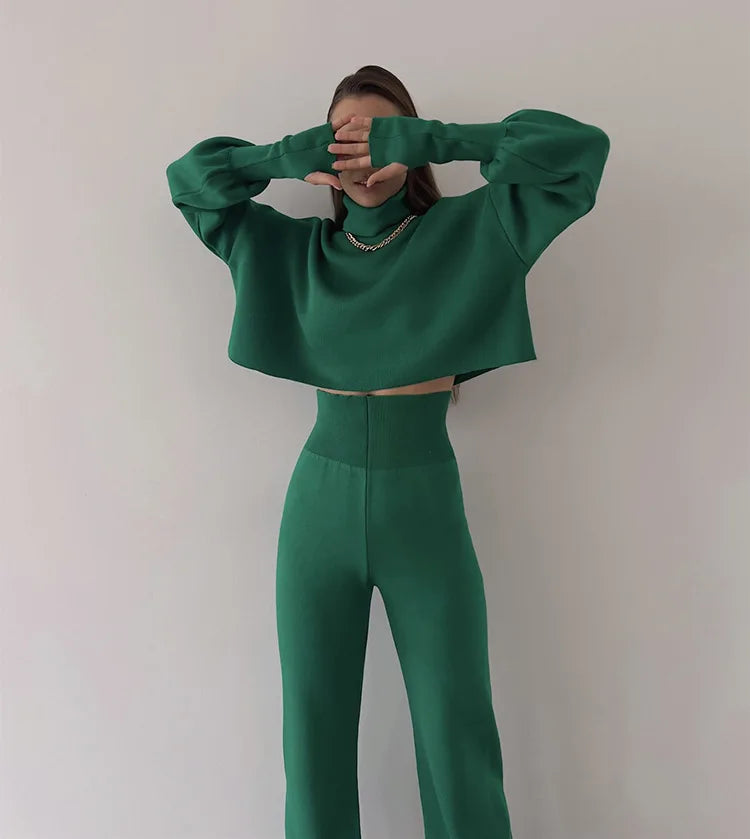 Women's comfortable knitted set with long sleeve top and wide leg pants for a fashionable casual look