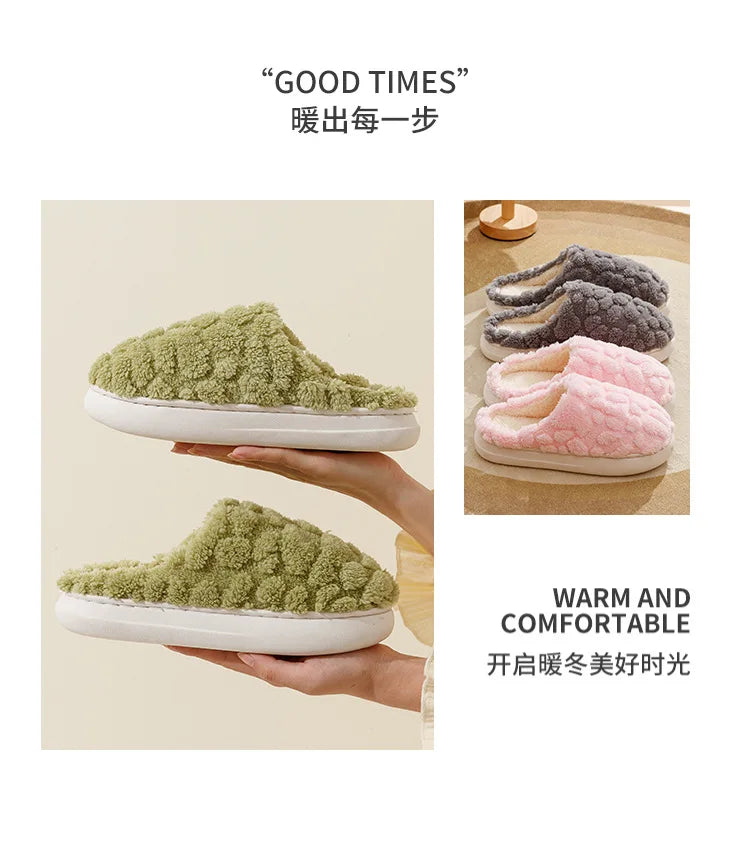 New plush slippers for couples warm home elegance for couples, featuring thickened anti-slip bottoms, baotou design, and luxurious cotton comfort