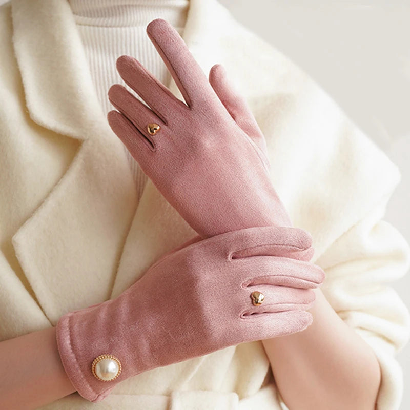 Women winter warm clamshell touch screen pearl gloves fashion elegant retro luxury fleece soft drive gloves