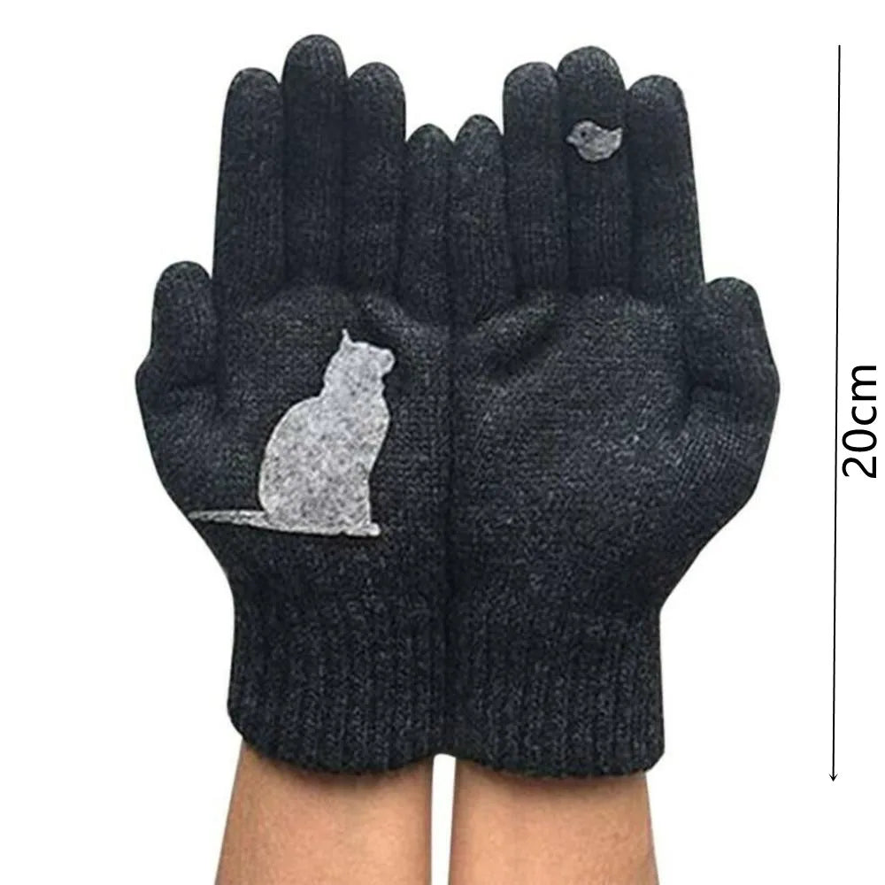 Winter warmth with cat and bird printed thermal knitted cashmere feel gloves - energize your cold days with cozy comfort women or teens girls gloves