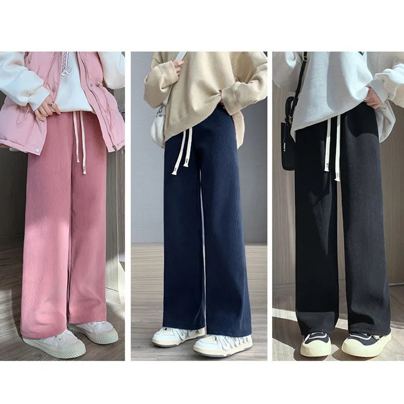 Women's Long Fleece-Lined Pants for autumn and winter. Featuring a flattering high waist and wide-leg silhouette, these pants offer both warmth and timeless elegance