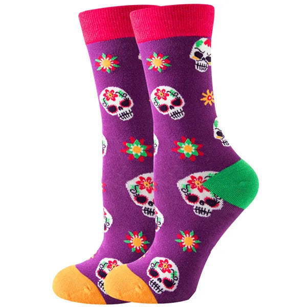 Women's or girl's middle tube cotton socks with animal and plant patterns, a colorful collection