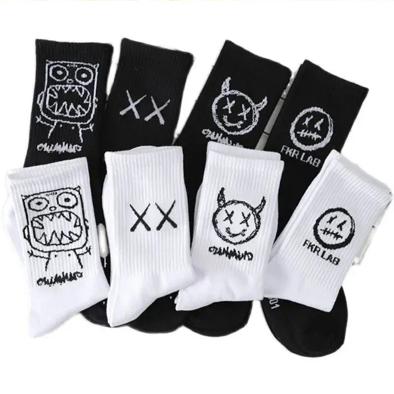 8 pairs/ sets socks men's Black And White Socks with cartoon long tube Comfortable Breathable CHRLEISURE