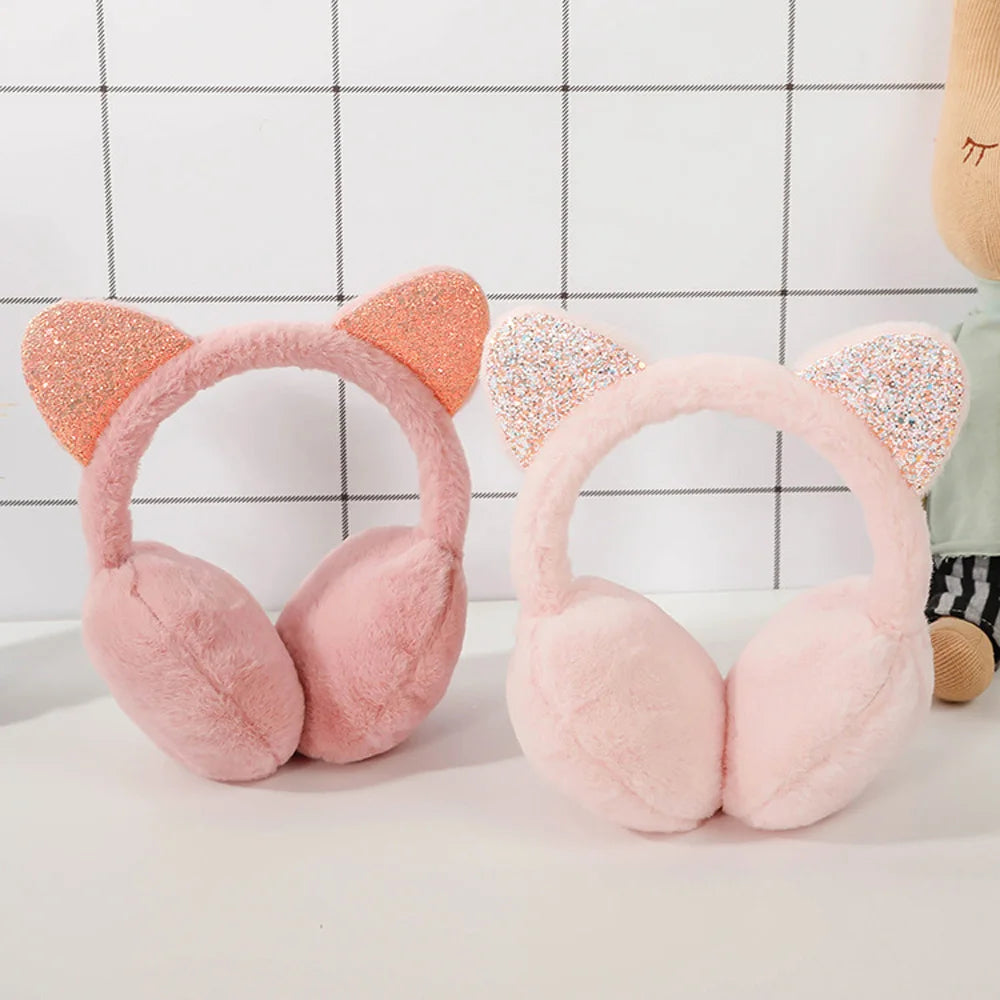 Whimsical winter vibes in 6 adorable colors in cute cat ear plush earmuffs for kids with shiny sequin headband