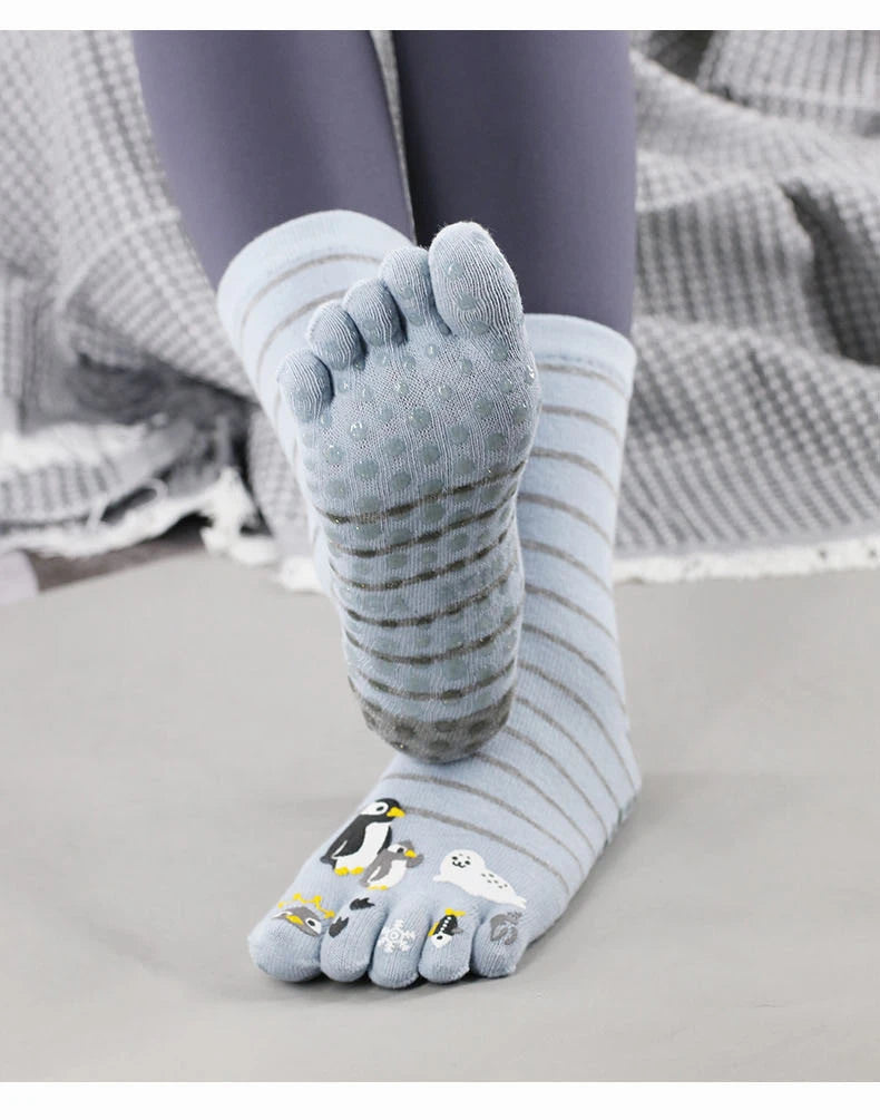Full toe yoga cozy bliss from korean cotton, funny funky trendy cartoon design, silicone non-slip grip, pilates crew five toes socks