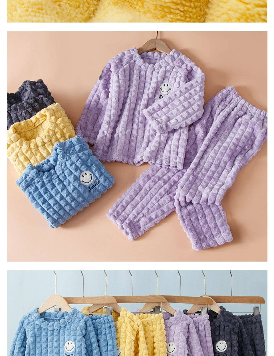New smiley cartoon winter children pajamas set of warm fluffy thick soft flannel baby boys girls long sleeve warm sleepwear kids home suit