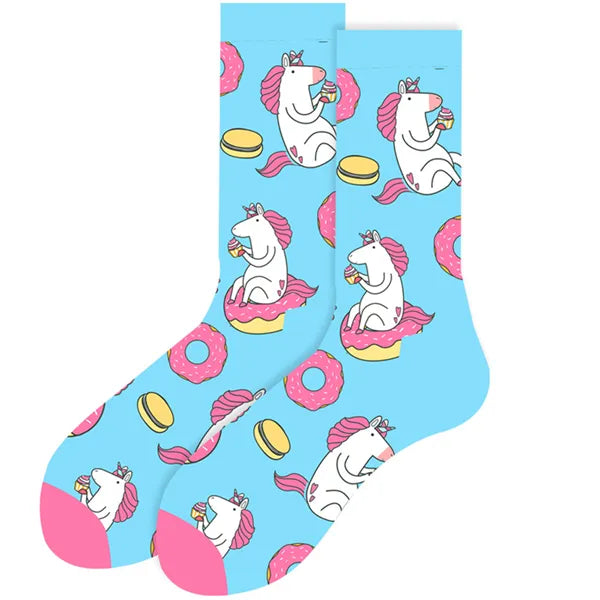 Women's or girl's middle tube cotton socks with animal and plant patterns, a colorful collection