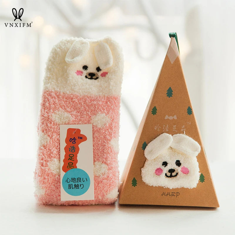 Cute animal Christmas socks with 3d fluffy coral velvet, thick and warm winter gift for women