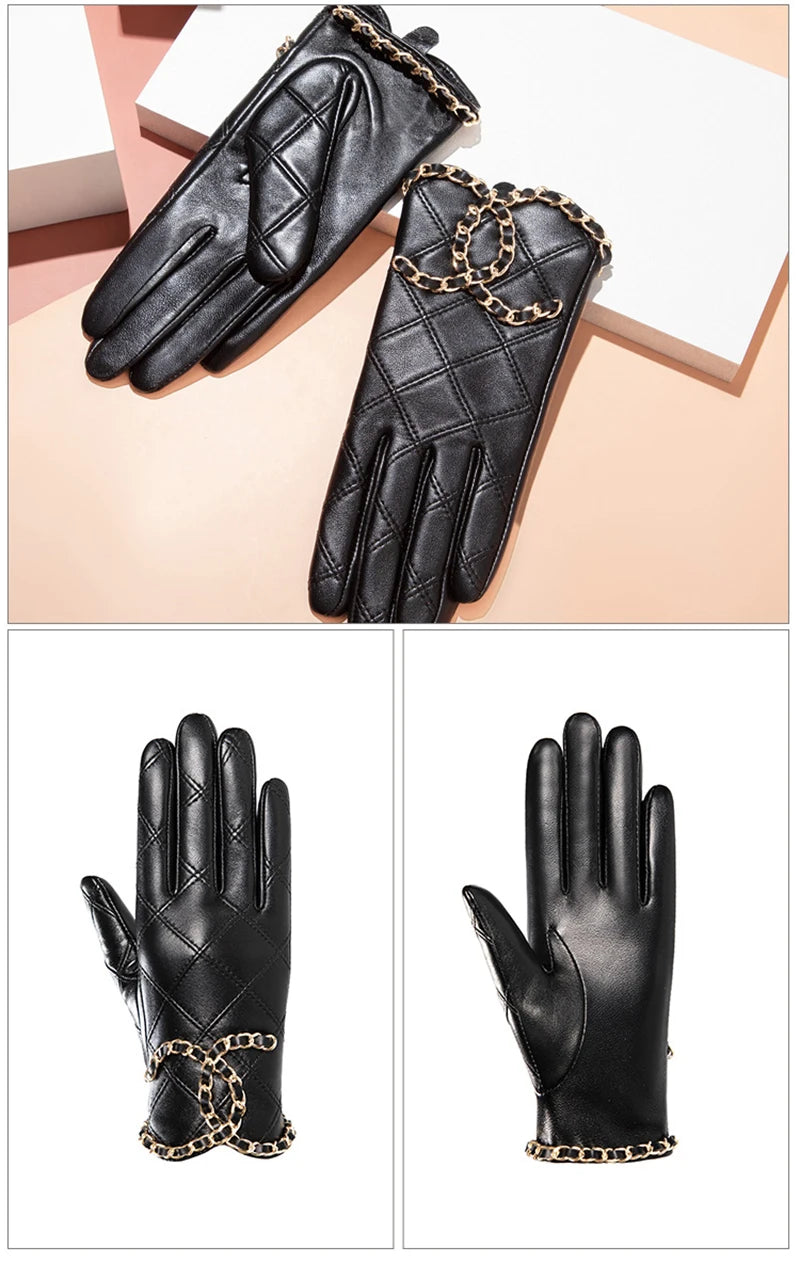 Womens Genuine Sheepskin Leather Gloves, Punk Cycling Outdoor Touch Screen Full Finger Gloves