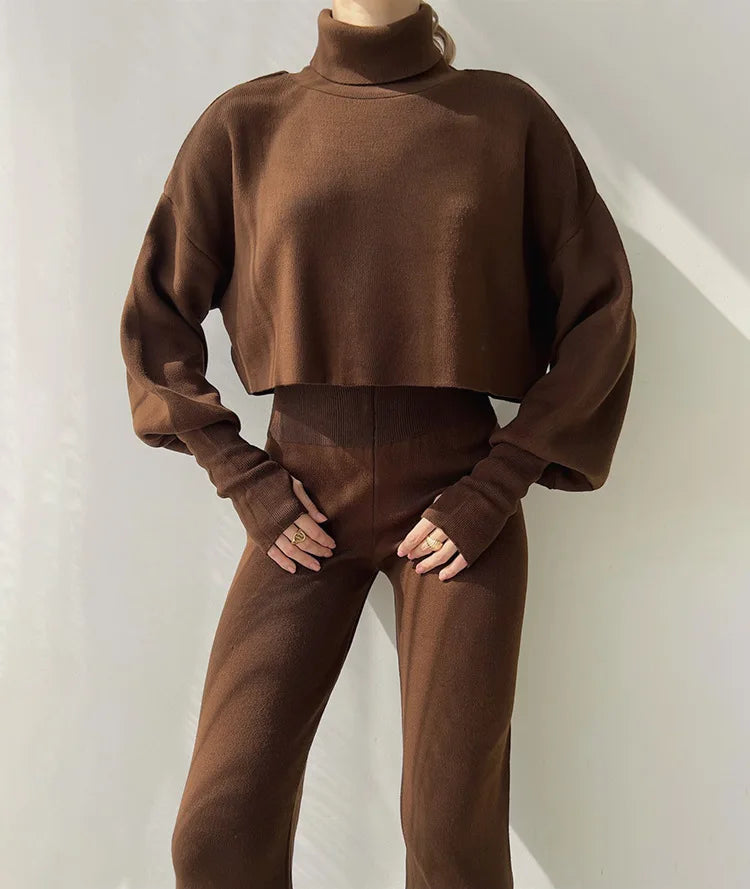 Women's comfortable knitted set with long sleeve top and wide leg pants for a fashionable casual look