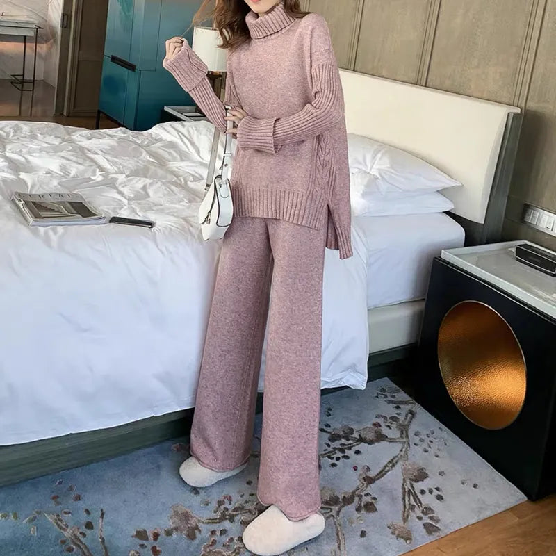 New knitted tracksuit - turtleneck sweater and wide leg jogging pant pullover set for autumn winter