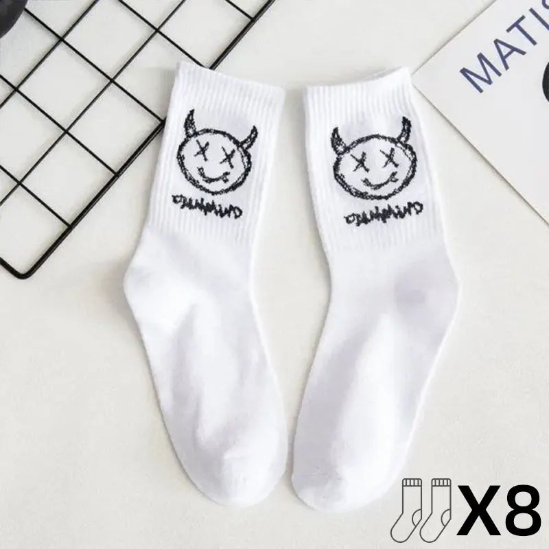 8 pairs/ sets socks men's Black And White Socks with cartoon long tube Comfortable Breathable CHRLEISURE