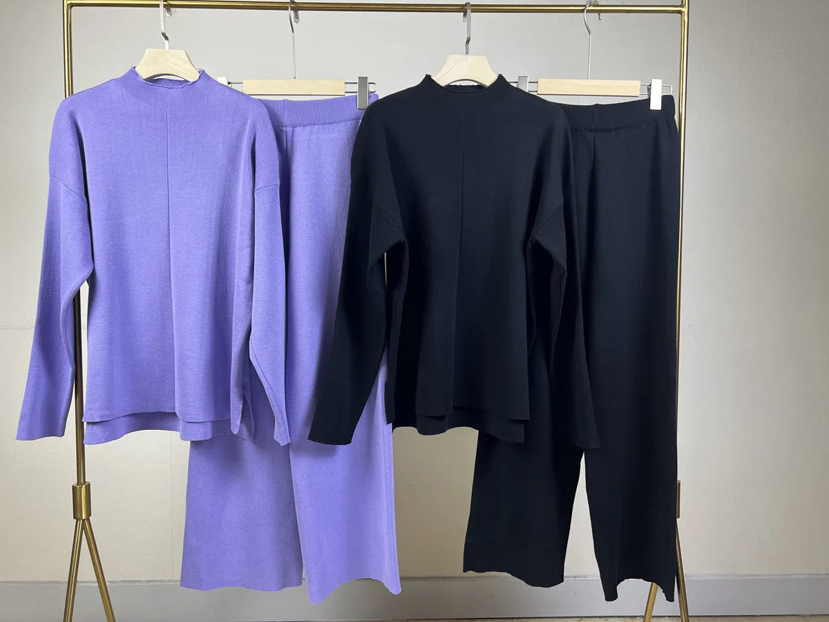 Knitted 2 piece turtleneck sweater wide leg pants sleepwear set women loungewear indoors cozy outfit