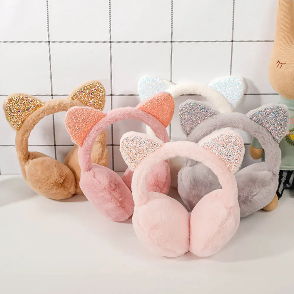 Whimsical winter vibes in 6 adorable colors in cute cat ear plush earmuffs for kids with shiny sequin headband