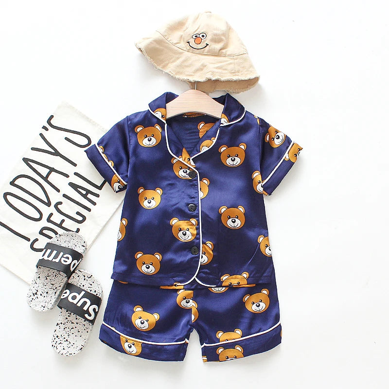 Toddler baby kids silk satin pajamas pyjamas set sleepwear suit boys girls sleep two piece set autumn kids loungewear