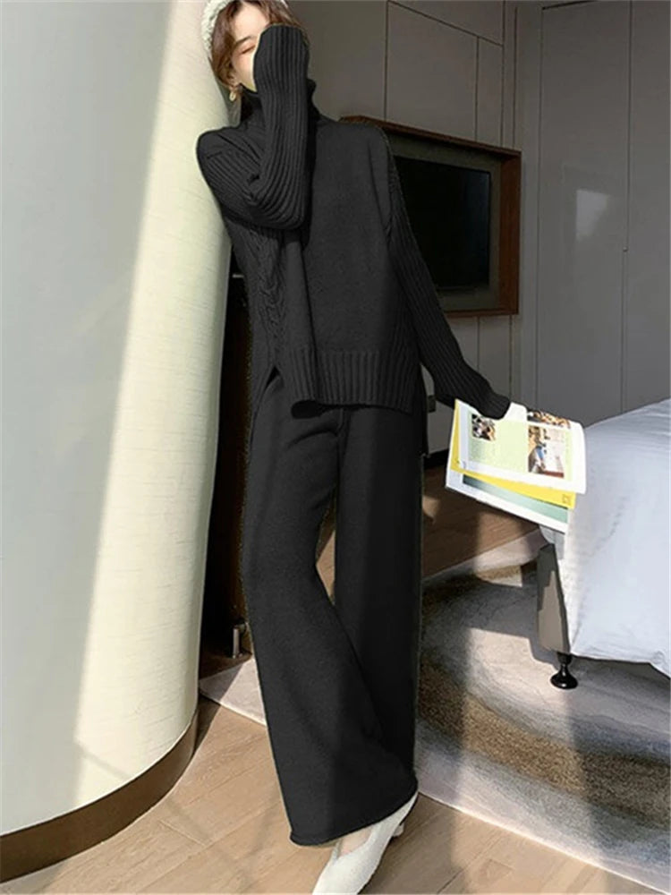 New knitted tracksuit - turtleneck sweater and wide leg jogging pant pullover set for autumn winter