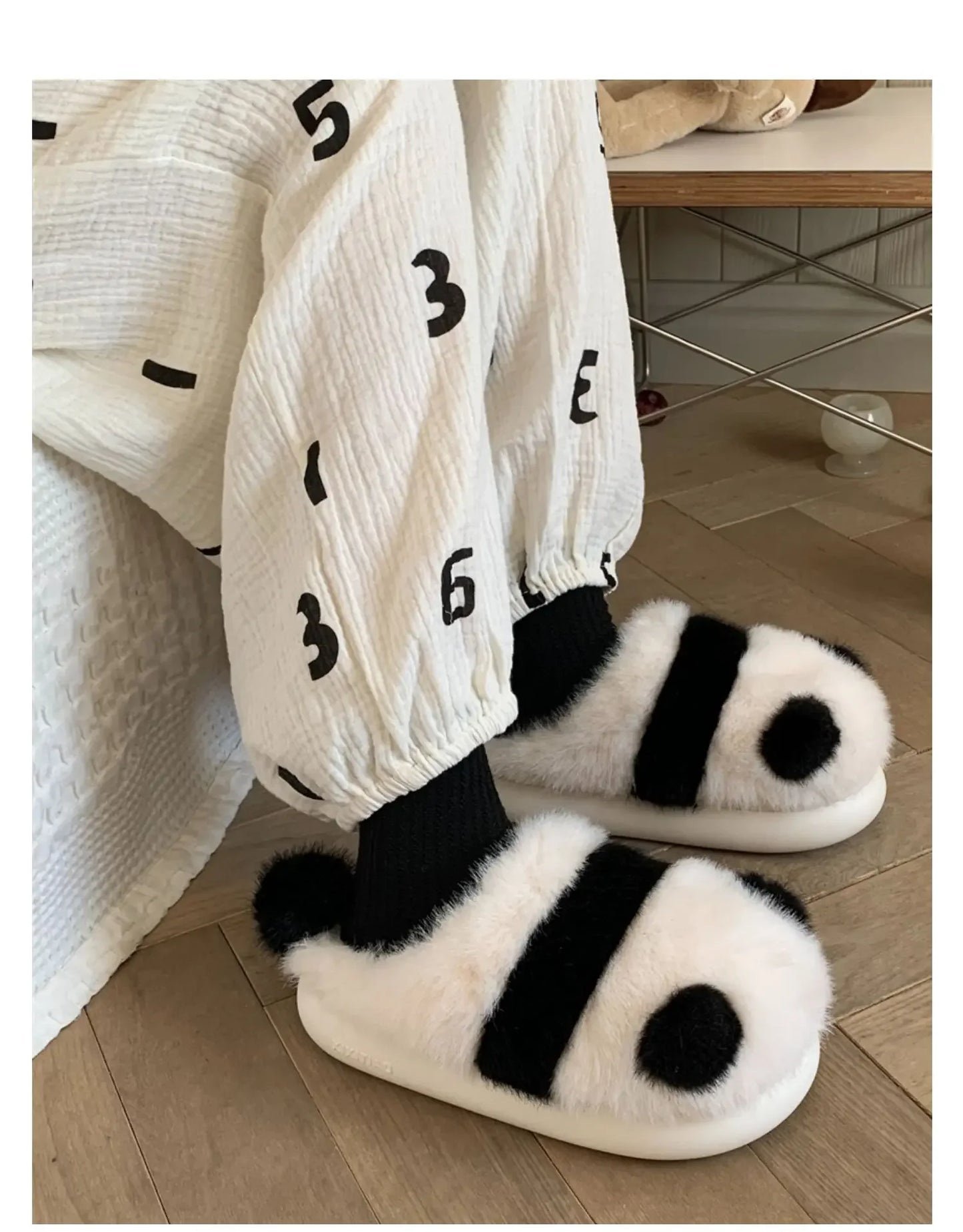 Cozy fluffy indoor Panda Slippers for winter for winter with platform sole women cute design
