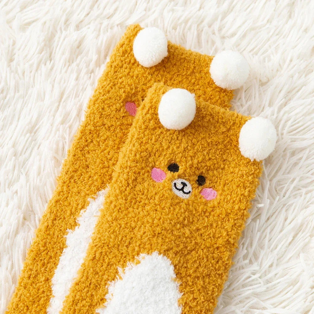 2 Pairs Cartoon Animal Cute Fuzzy Fleece Furry Warm Socks for Women